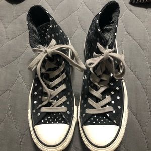 Converse women’s 7 black suede silver polka dots